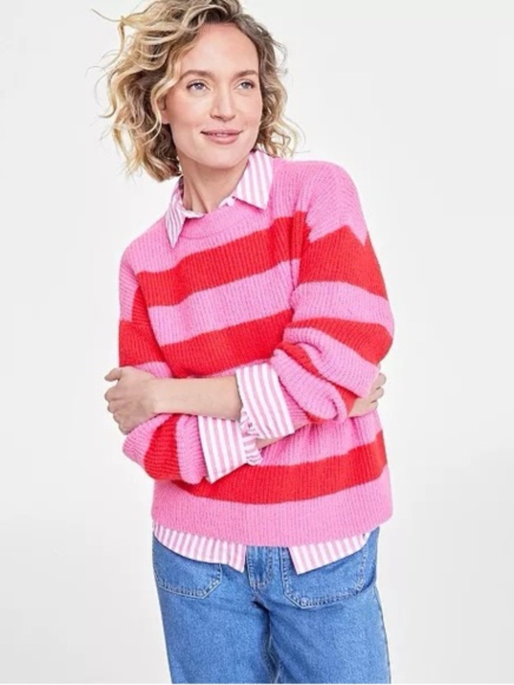On 34th Striped Pink and Red Crewneck Women's Sweater size XL